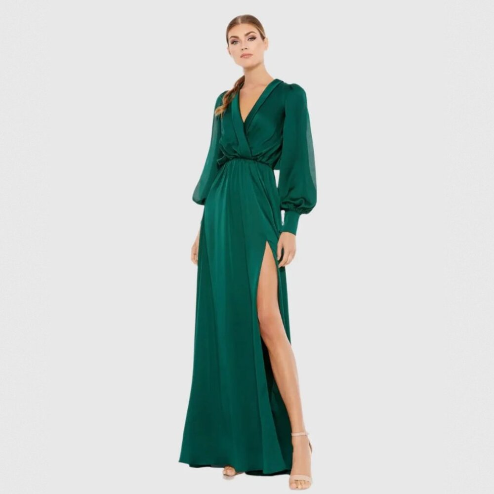 Mac Duggal Bishop Sleeve Faux Wrap Maxi Gown - Deep Emerald